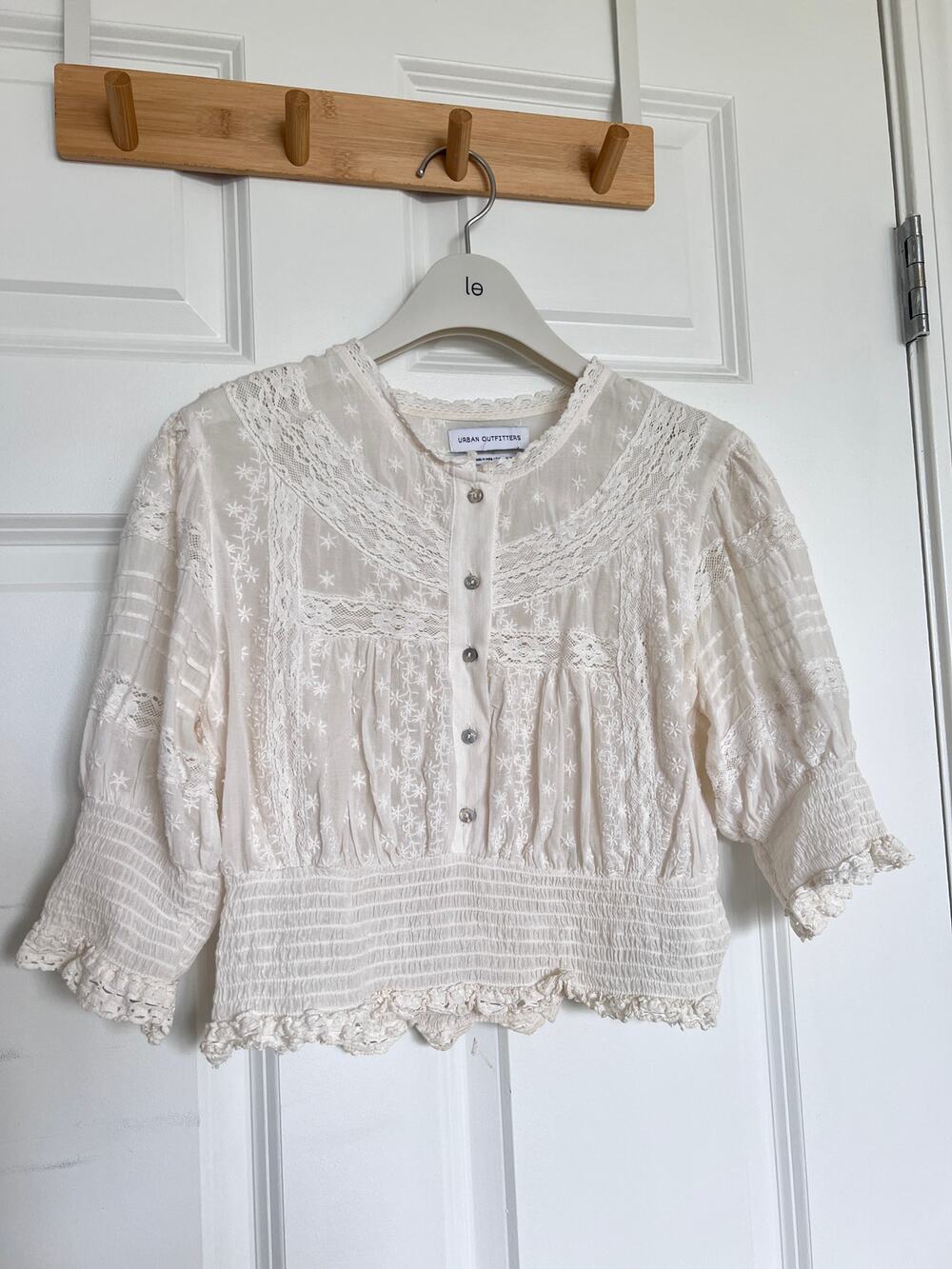Urban Outfitters Ivory Doen Embroidered Lace Smock Crop Top